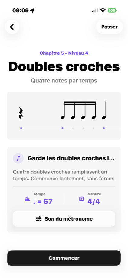 Écran de préparation d'un niveau Soupir avec doubles croches, conseils, tempo et bouton Commencer.