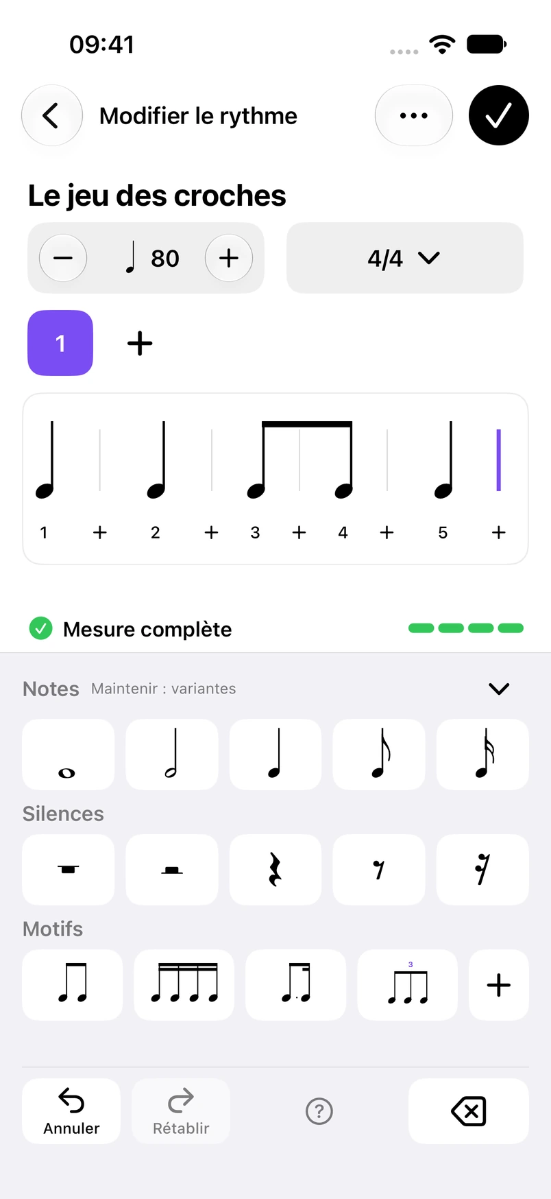 Création d'un rythme en 4/4 avec le clavier musical : notes, silences, groupes de croches et triolets.
