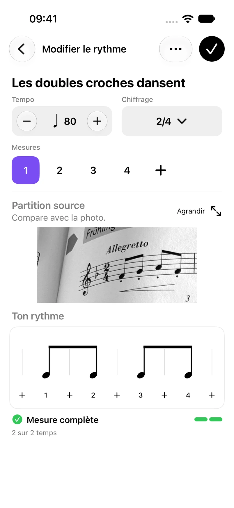 Une vraie partition photographiée et son rythme reconnu, affichés ensemble pour vérifier la mesure en 2/4.